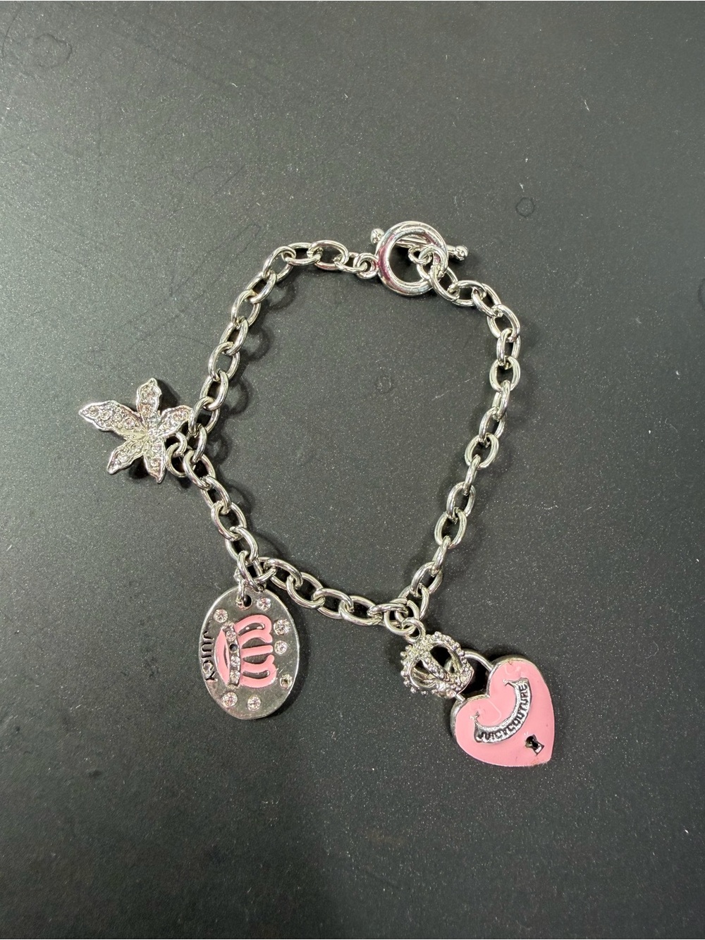 Juicy Couture Silver Tone Chain Charm Bracelet Pink Heart Crown Signed